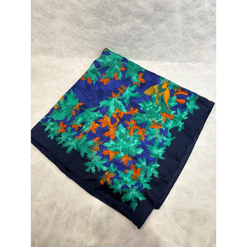 Magenta Vintage Square Scarf Made in Italy Navy Blue Green Leaf Bird Print